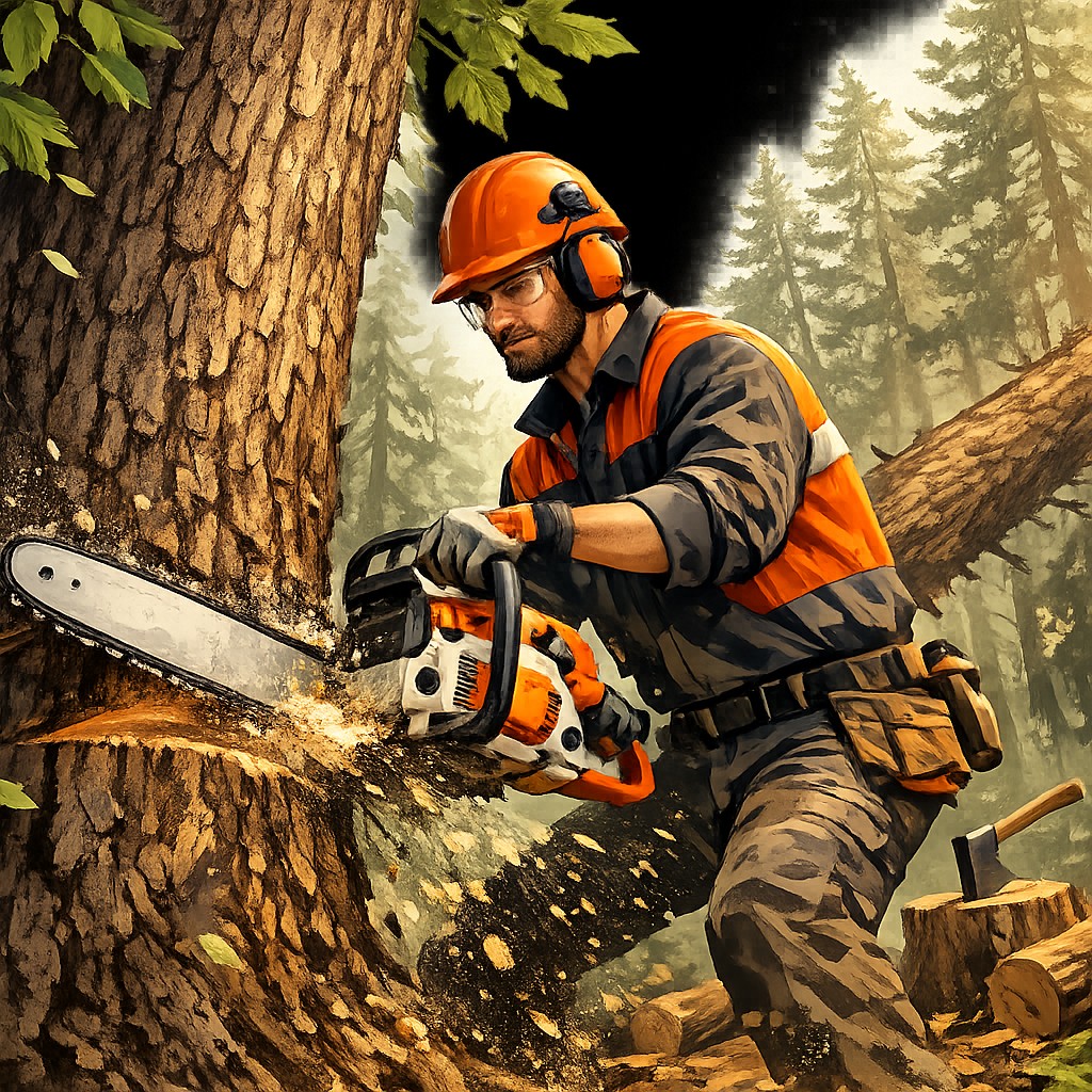 Illustration of a professional arborist in hi-vis gear and ear protection using a chainsaw on a large tree